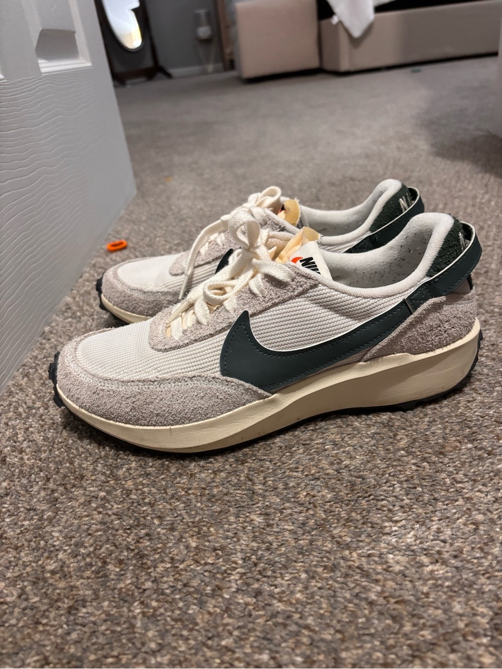 Nike women’s  Retro Runner Sneaker in Cream and Dark Green